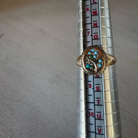 Antique 9k gold signet ring with seed pearls and turquoise flower - Picture 7 of 7